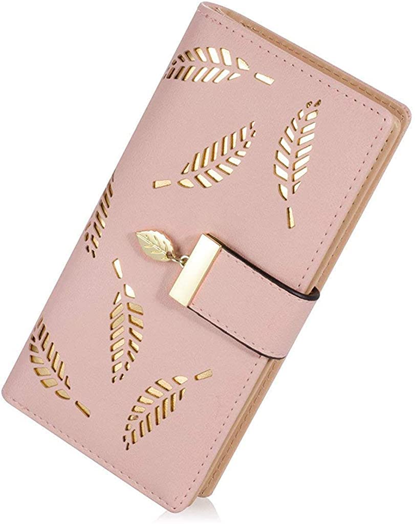 SANNIDHI  Women's Leather Wallet Hollow Leaf Pattern Bifold Long Wallet (Pink) SANNIDHI  Women's Leather Wallet Hollow Leaf Pattern Bifold Long Wallet (Pink)